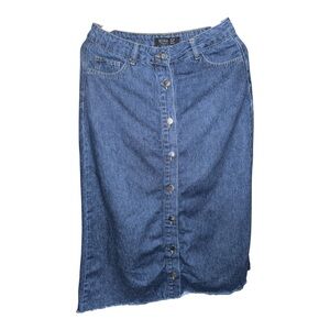 REFKA Casual Dark Wash Denim Button Front Midi Skirt 90s Boho Western